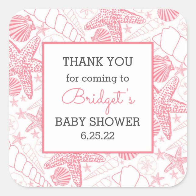 Pink Sea Shells baby shower favour thank you Square Sticker (Front)
