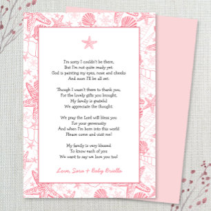 Pink Sea Shells baby shower thank you note poem Invitation