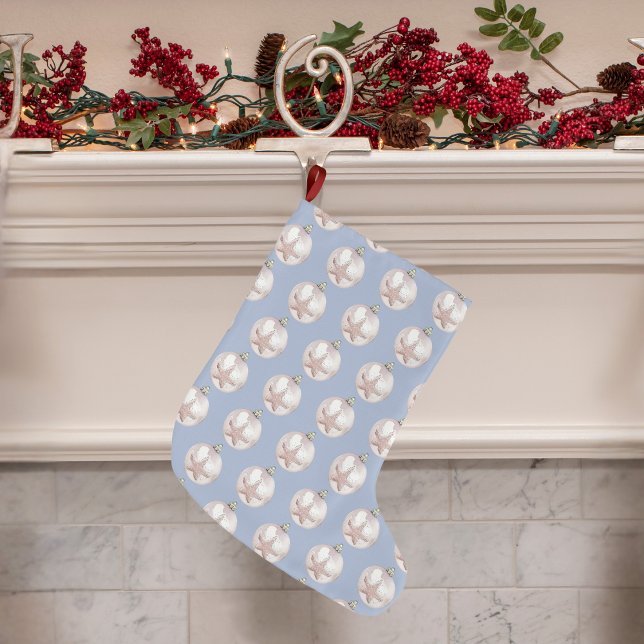 Pink Sea Star Ornament dusty blue pattern Large Christmas Stocking (Pink Sea Star Ornament dusty blue pattern Large Christmas Stocking)