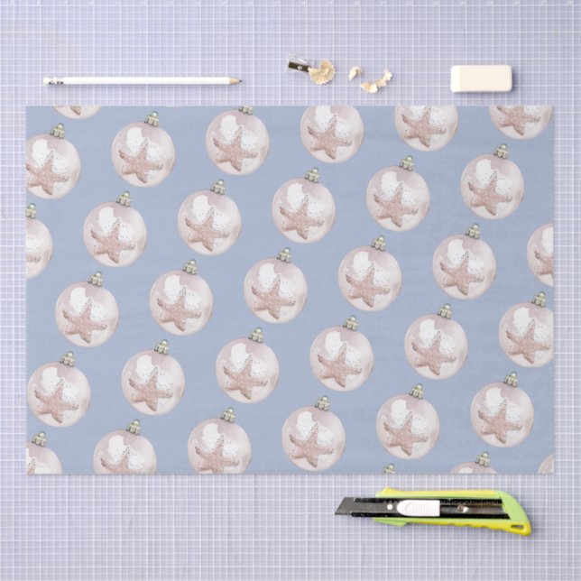 Pink Sea Star Ornament dusty blue pattern Tissue Paper (Craft)