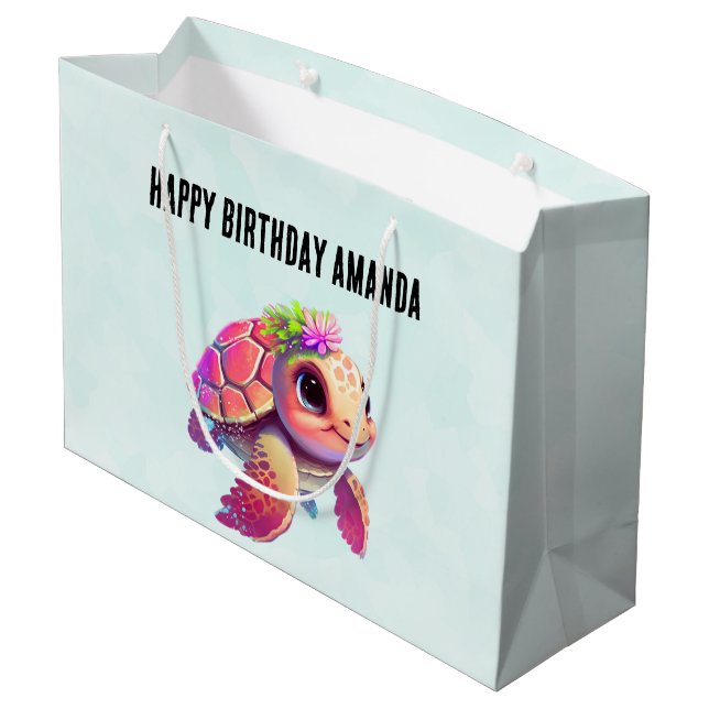 Pink Sea Turtle Whimsical & Cute Birthday Large Gift Bag (Back Angled)
