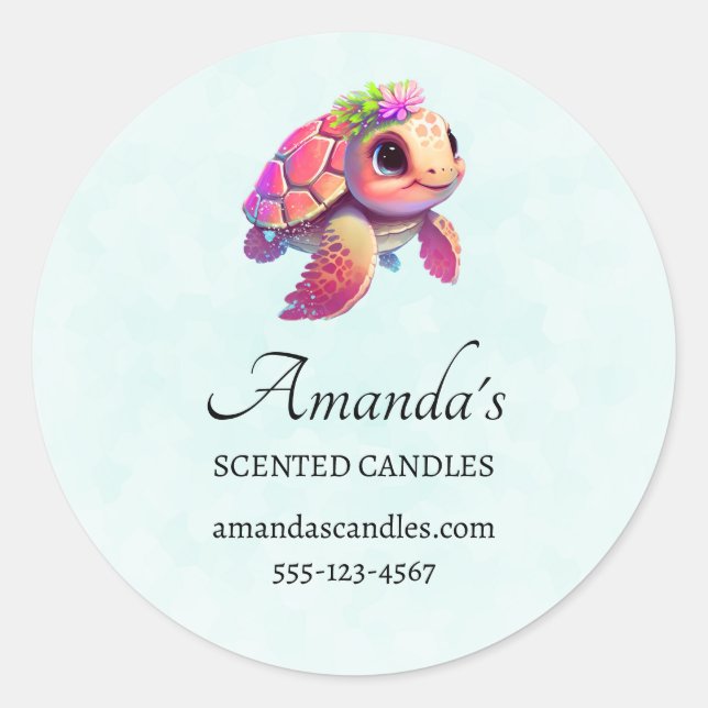 Pink Sea Turtle Whimsical & Cute Business Classic Round Sticker (Front)