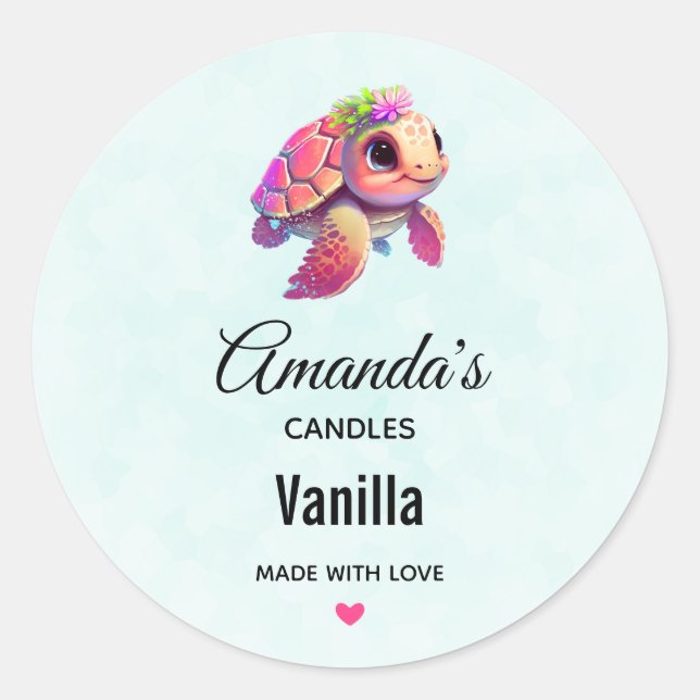 Pink Sea Turtle Whimsical & Cute - Candle Business Classic Round Sticker (Front)