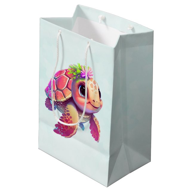 Pink Sea Turtle Whimsical & Cute Medium Gift Bag (Back Angled)