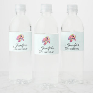 Pink Sea Turtle Whimsical & Cute Party Water Bottle Label