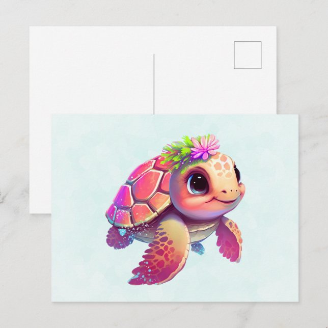 Pink Sea Turtle Whimsical & Cute Postcard (Front/Back)