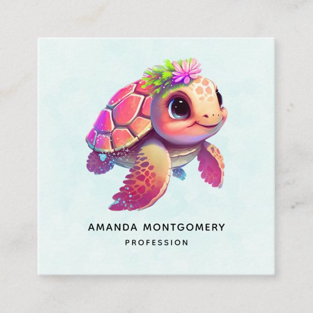 Pink Sea Turtle Whimsical & Cute Square Business Card (Front)