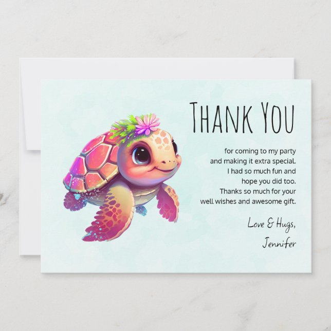 Pink Sea Turtle Whimsical & Cute Thank You Card (Front)