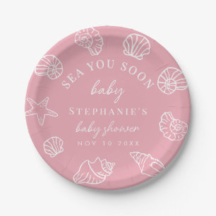 Pink Sea You Soon Coastal Beach Girl Baby Shower Paper Plate
