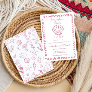 Pink Sea You Soon Hand Drawn Ocean Seashell Baby Invitation