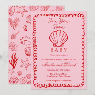 Pink  Sea You Soon Hand Drawn Ocean Seashell Baby  Invitation