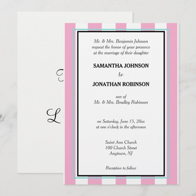 Pink  Seafoam Blue White Stripes Invitation (Front/Back)