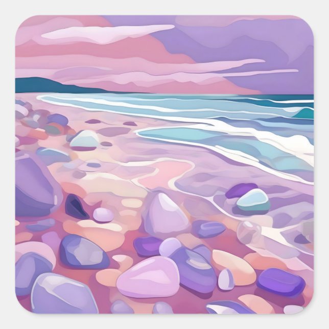Pink seaglass on beach. square sticker (Front)