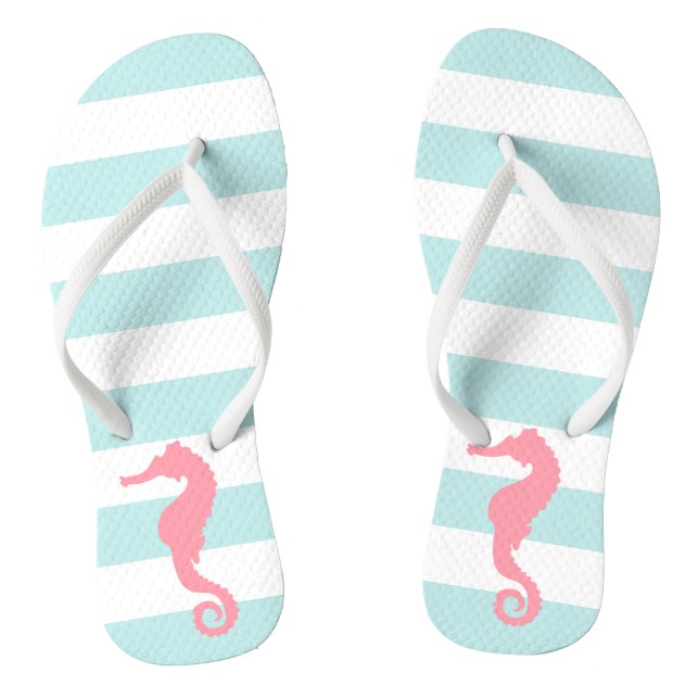 Pink Seahorse on Mint Stripes Flip Flops (Footbed)