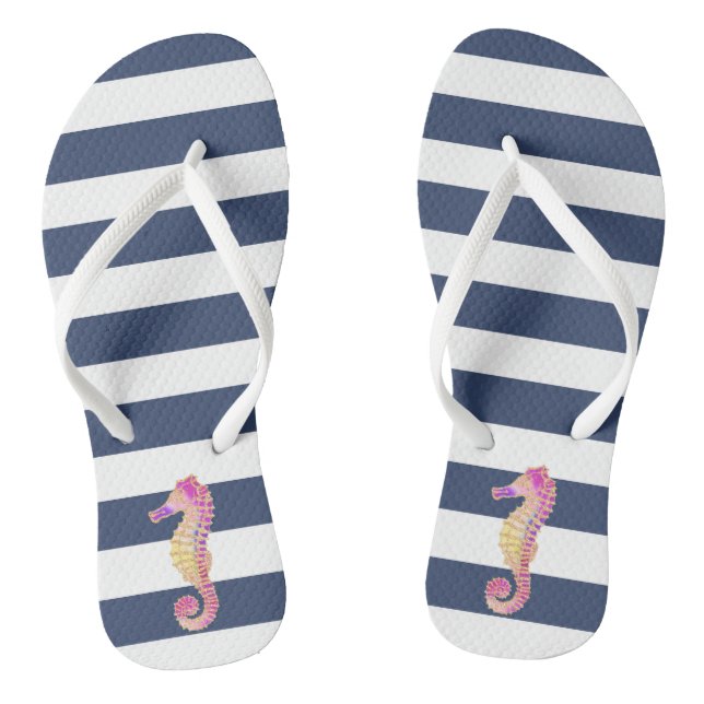 pink seahorse on navy stripes flip flops (Footbed)