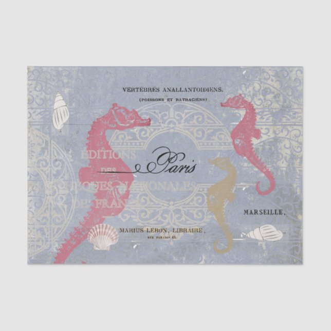 Pink Seahorse Sea Shell Blue French Decoupage Idea Tissue Paper (Front)