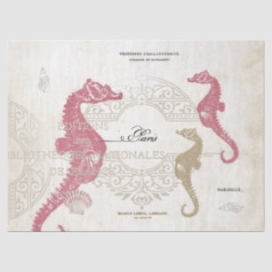 Pink Seahorse Sea Shell Vintage French Collage  Tissue Paper