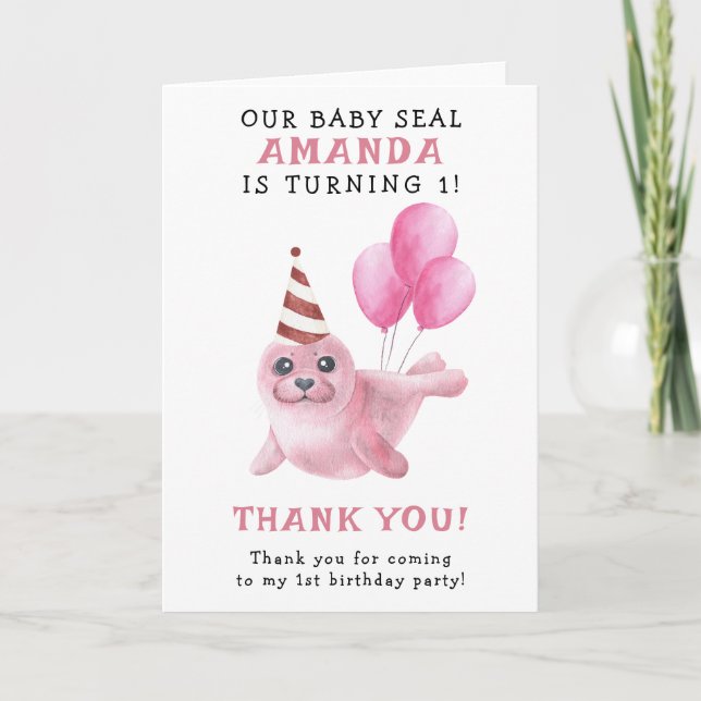Pink Seal 1st Birthday Under The Sea Thank You Card (Front)