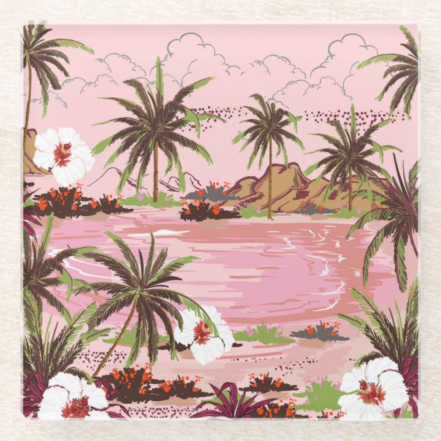 Pink Seas Tropical Isle and Palms Glass Coaster (Front)