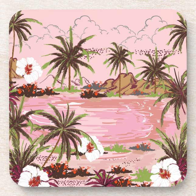 Pink Seas Tropical Isle Palms and Plants Plastic Coaster (Front)