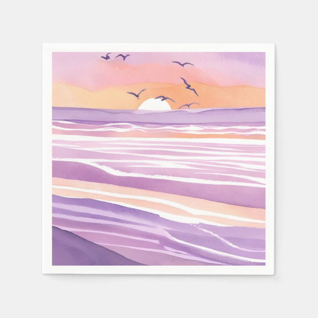 Pink Seas | Watercolor Sunset Ocean Waves Napkin (Front)