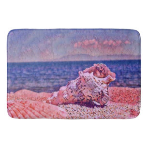 Pink seashell near purple sea watercolor painting bath mat