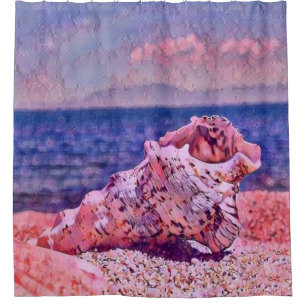 Pink seashell near purple sea watercolor painting  shower curtain