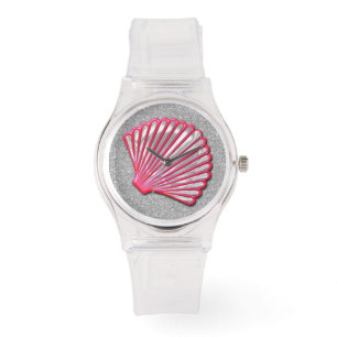 Pink Seashell Silver Faux Glitter Watch