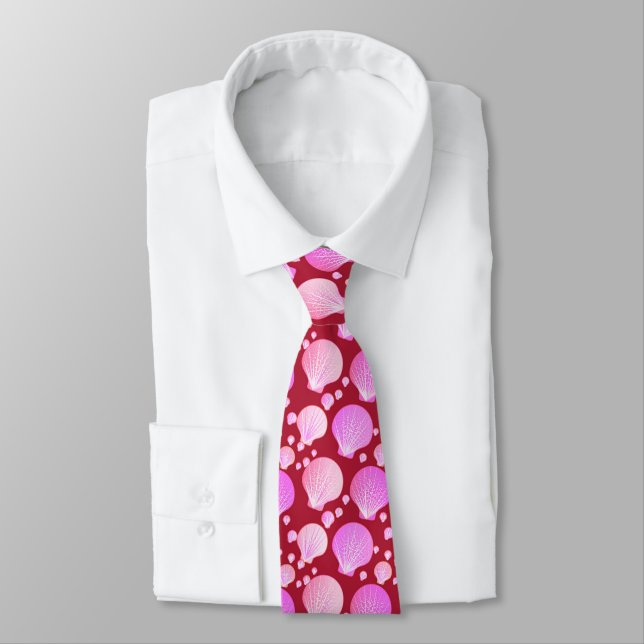 Pink seashells on a burgundy background tie (Tied)