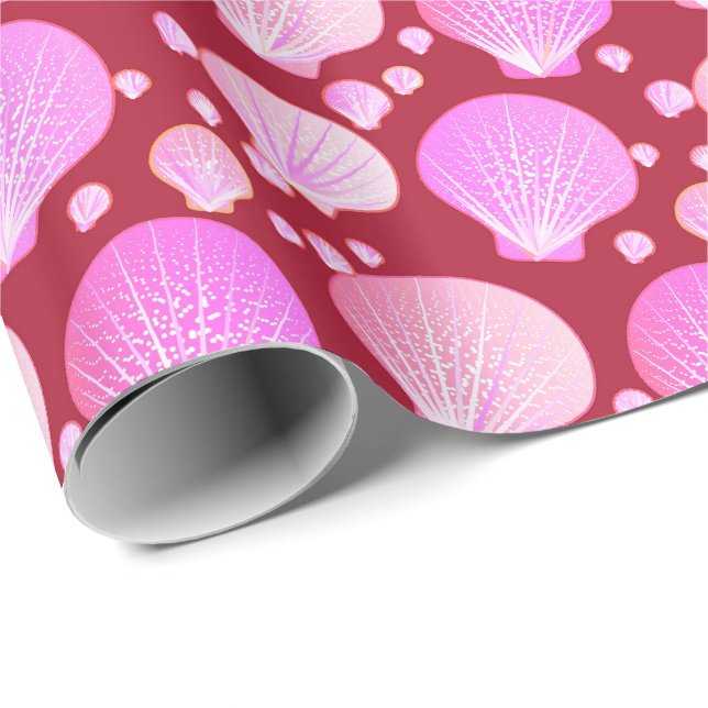 Pink seashells on a burgundy background wrapping paper (Roll Corner)