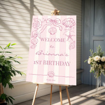 Pink seashells preppy beach birthday welcome sign