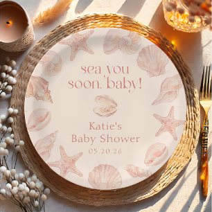Pink Seashells Sea You Soon Baby Shower Paper Plate