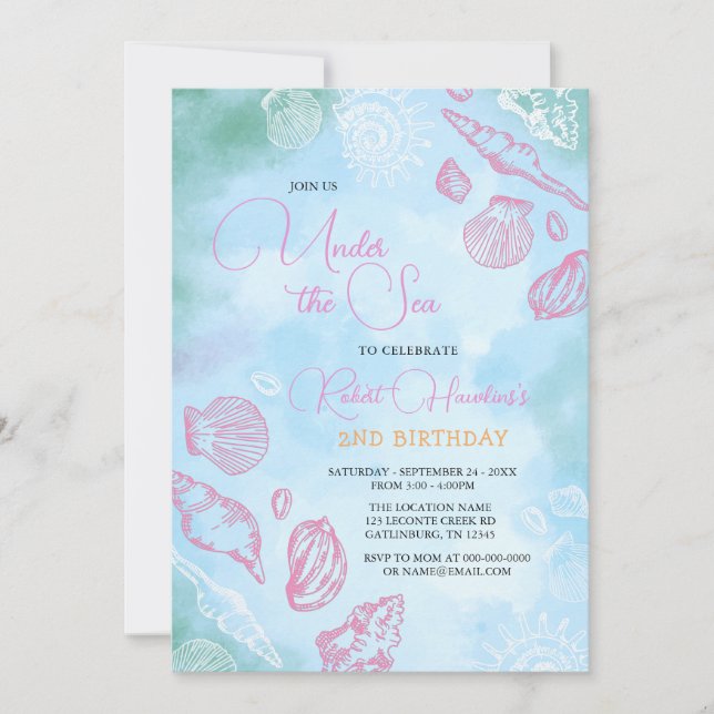 Pink Seashells Under The Sea Ocean Birthday Invitation (Front)
