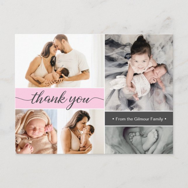 Pink Second Baby Birth Photo Collage Announcement Postcard (Front)