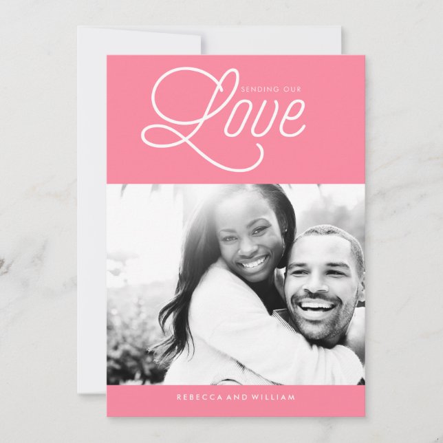 Pink "Sending Our Love" Valentine's Day Photo Holiday Card (Front)