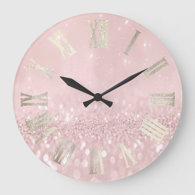 Pink Sepia Grey Silver Glitter Metal Roman Numers Large Clock (Front)