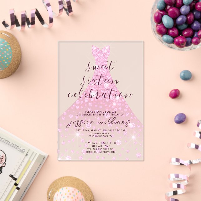 Pink Sequin Ball Gown Sweet 16 Birthday Acrylic Invitations (Insitu (Celebration))