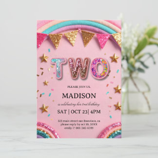 Pink Sequin Rainbow 2nd Birthday Magical Girls Invitation