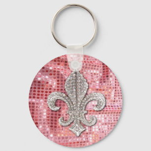 Pink Sequin Sparkle Jewel Fleur De Lis Vintage Key Ring