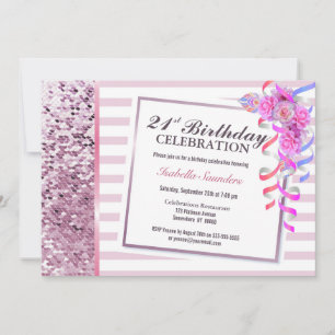 Pink Sequins and Stripes 21st Birthday Party Invitation