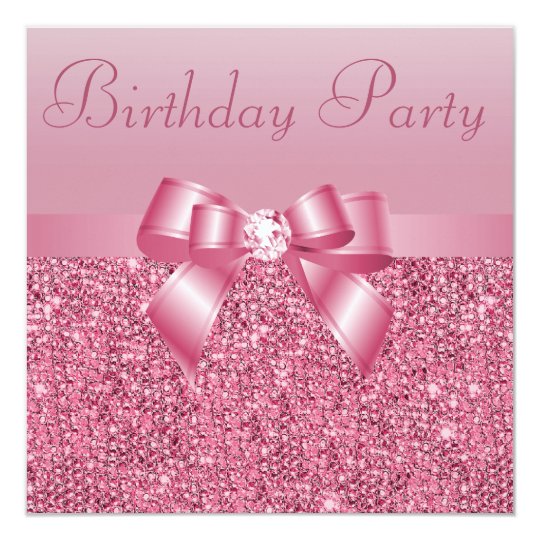 Pink Sequins, Bow & Diamond Birthday Party Card