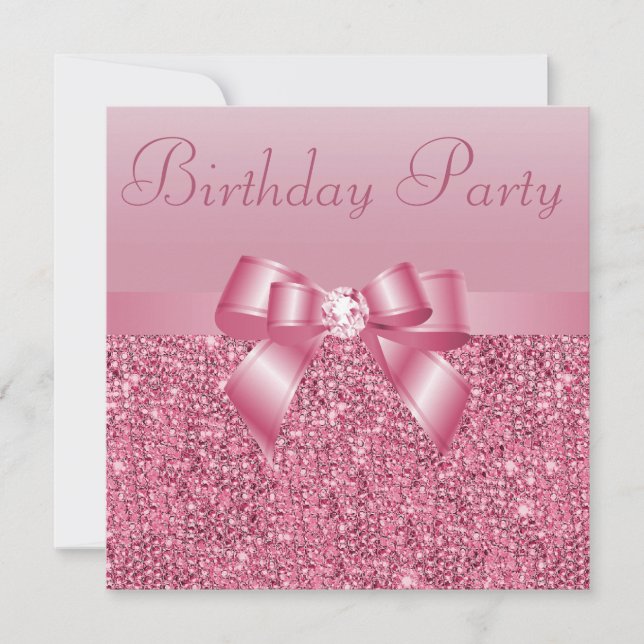 Pink Sequins, Bow & Diamond Birthday Party Invitation (Front)