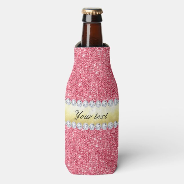 Pink Sequins Gold Foil and Diamonds Bottle Cooler (Bottle Front)