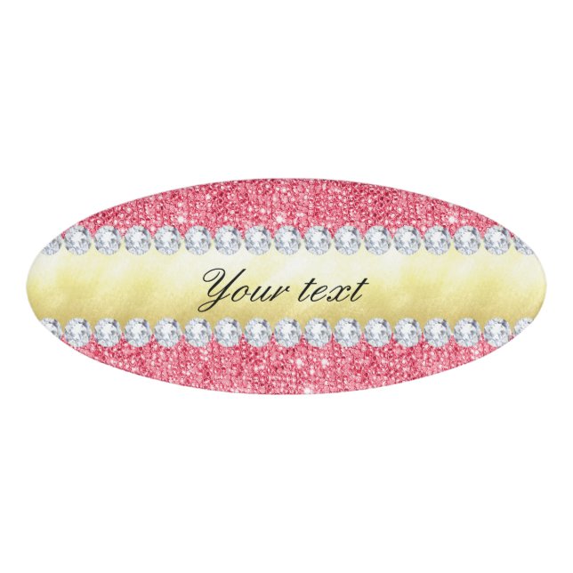 Pink Sequins Gold Foil and Diamonds Name Tag (Front)