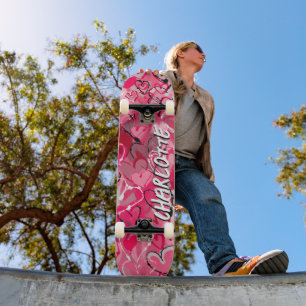 Pink Serenity: Playful Graffiti Love Hearts  Skateboard