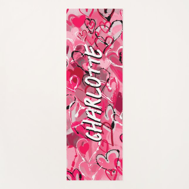 Pink Serenity: Playful Graffiti Love Hearts  Yoga Mat (Front)