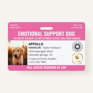 Pink Service Dog 2 Logo & Photo ID ID Badge