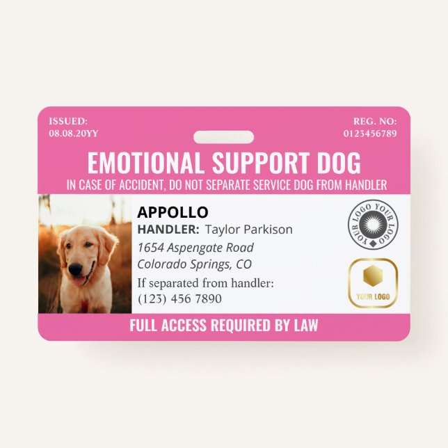 Pink Service Dog 2 Logo & Photo ID ID Badge (Front)