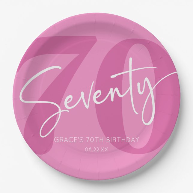 Pink Seventy 70th Seventieth Birthday Party Paper Plate (Front)