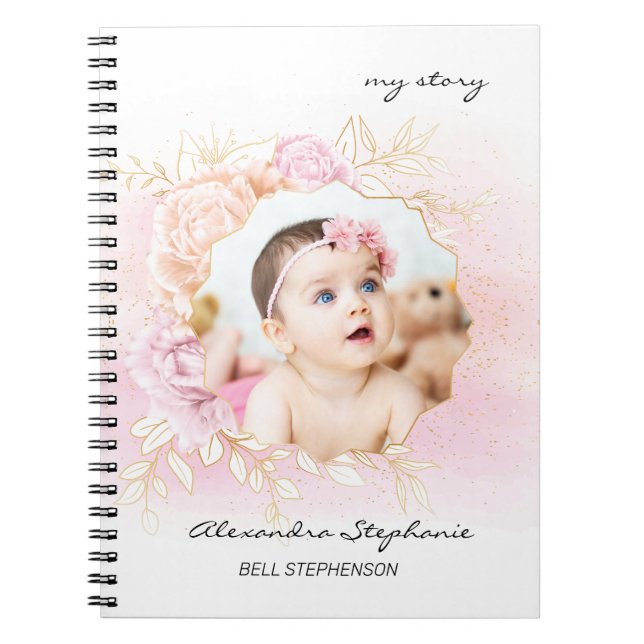 Pink Shabby Chic Baby Girl Personalised First Year Notebook (Front)